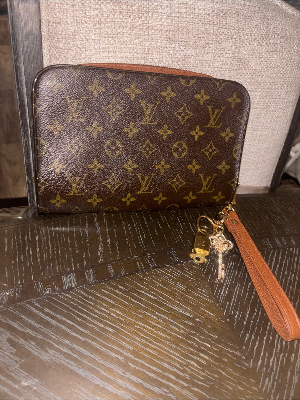 Louis Vuitton Monogram Zip Wristlet in Brown and Tan with Gold Hardware - Picture 4 of 5